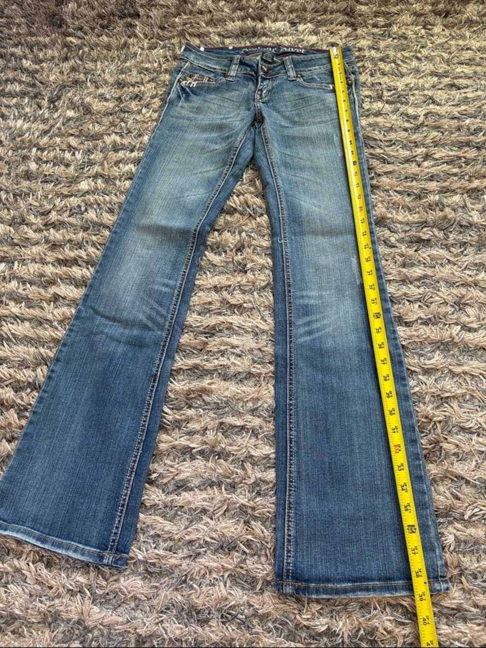 Antique Rivet Low-Rise Cotton Blue Flare Jeans with Subtle Distress - Picture 11 of 12